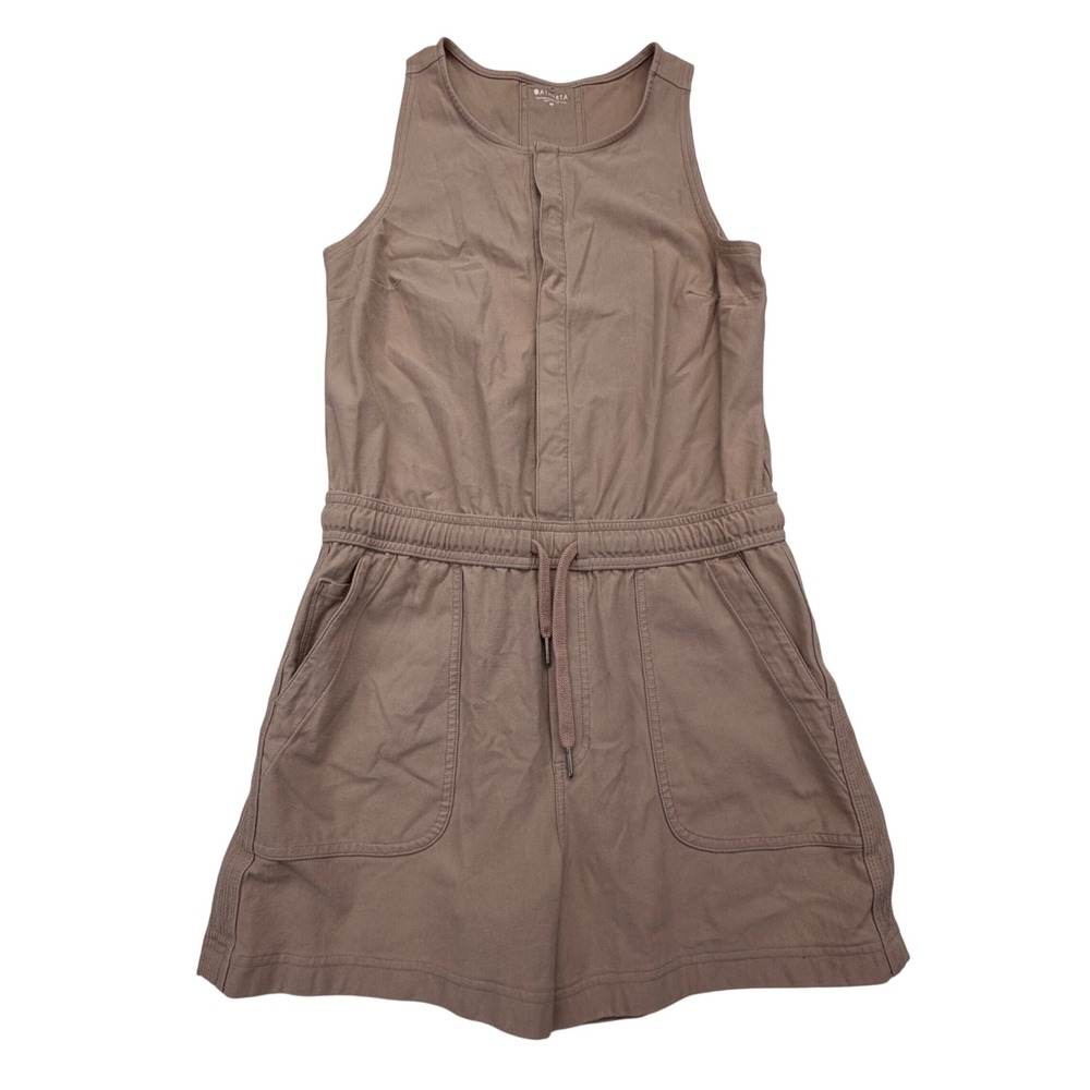 Athleta Romper Womens Medium Mauve Brown Sleeveless Snap Front Drawstring Pocket